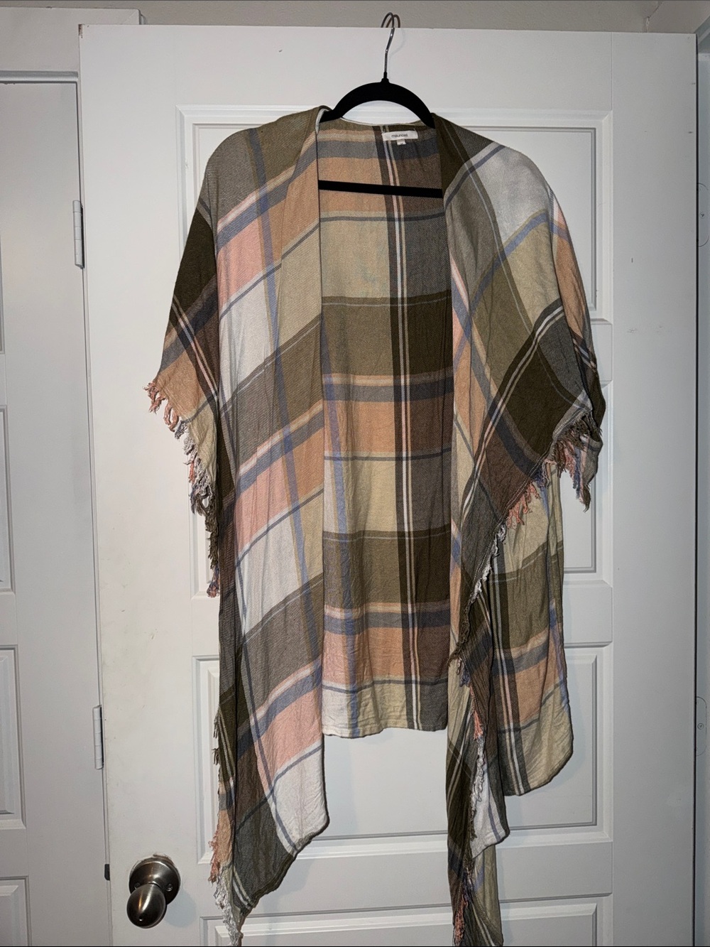 Maurices Plaid Open-Front Poncho in Olive, Tan & Pink